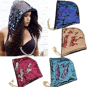 Teal Blue & Purple Sequin Rave Hood w/ Chain, Sparkle Reversible Hat Festival